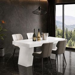 55" White Modern Dining Table, Double Trapezoid Base and 4 PU Leather Chairs.