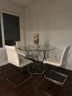 Glass Top Dining Table with 3 White Chairs