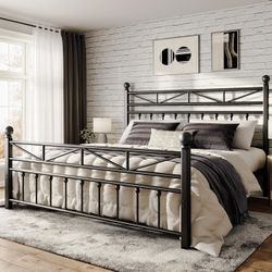 54" Metal King Bed Frame with Tall Headboard & Footboard, LED Light King Bed Frame, Strong Metal Slats Support and Noise-Free Design with Under Bed St