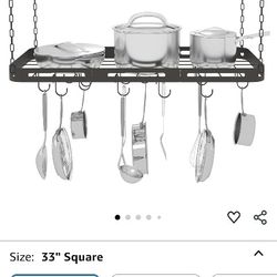 TICKCACY 33” Pots and Pans Hanging Rack, Black Hanging Pot Rack Ceiling Mount with 15 Hooks, Heavy-duty Metal Square Kitchen Ceiling Pot Rack, Pot and