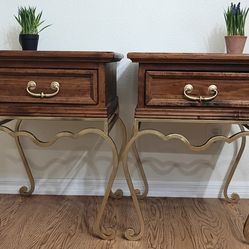 Pair of 2 Brown Solid Wood Nightstands Drawers with Gold Wrought Iron Frame Legs Night Stands End Tables