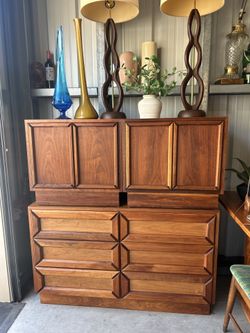 Mid Century Brown Saltman Bedroom Set - Dresser and 2 Nightstands