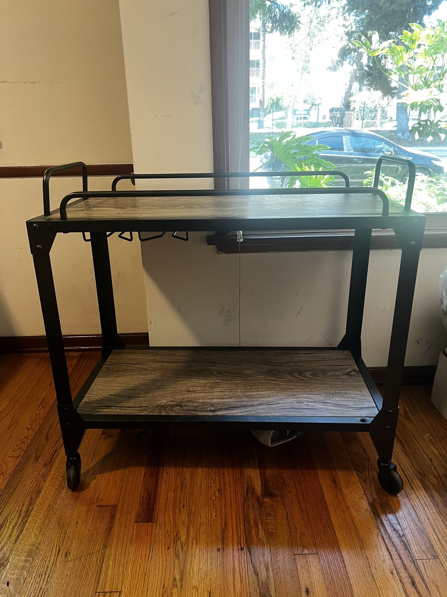 Modern Industrial Bar Cart – Wood & Metal with Glass Rack!