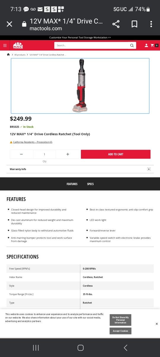 MAC TOOLS Cordless Ratchet
