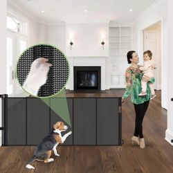 New! Black 96” Wide Reinforced Retractable Baby Pet Gate w Support Rods, Extra Long Dog Gate