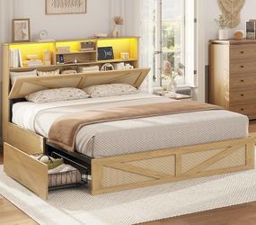 Farmhouse Bed Frame King Size with Bookcase Storage Headboard, Charging Station and LED Lights, Wooden King Bed Frame with 4 Drawers, Barn Door Design