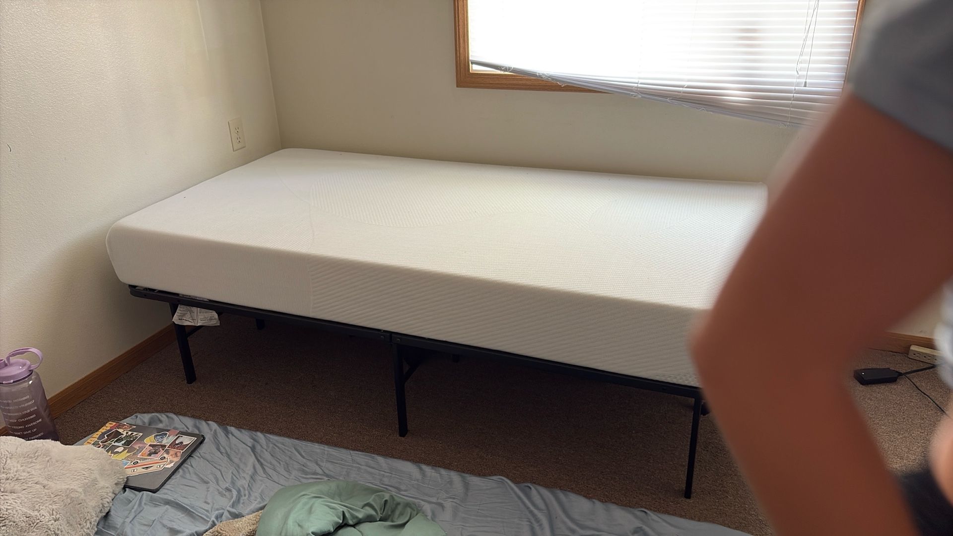 Twin foam bed with metal bed frame