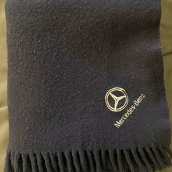 Mercedes Benz Navy Blue Fringed Throw Blanket Vintage Faribault 100% Wool 45x45 inches