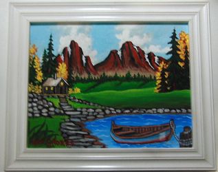 Cabin and mountain painting