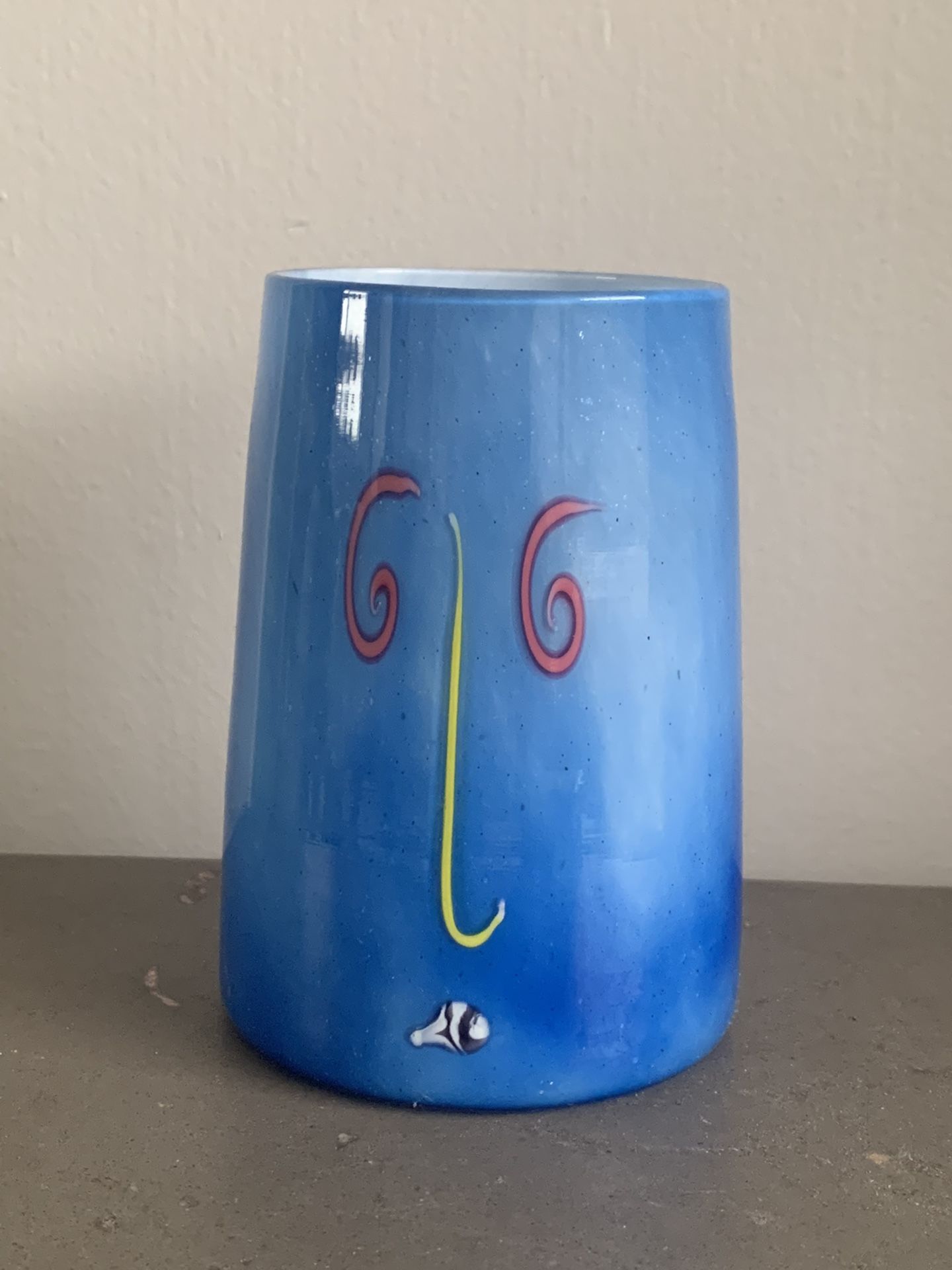 Blue Glass Glassware Home Cup Face Abstract Joan Miro Kandinsky Vase Vessel Vtg Antique Ooak