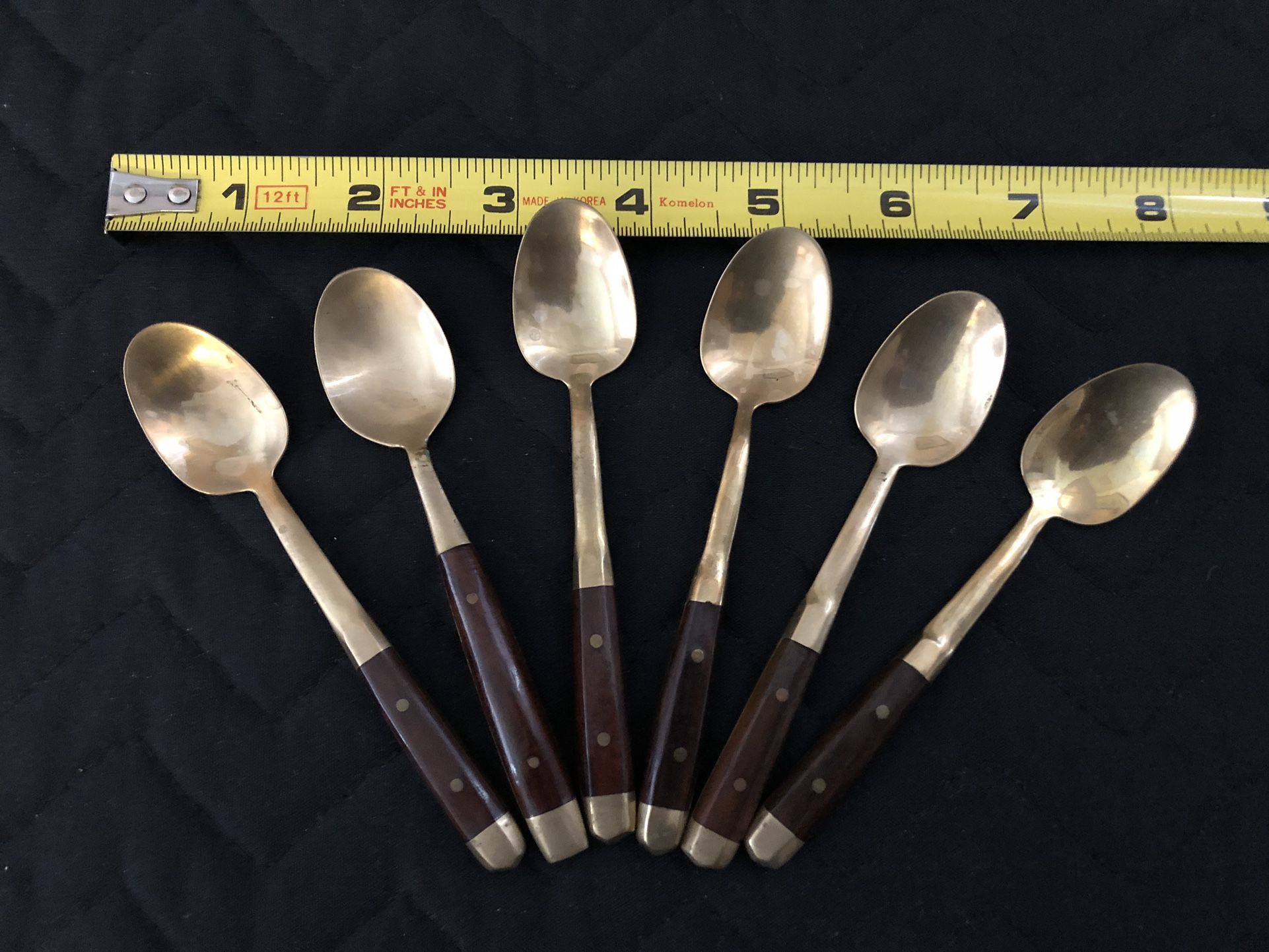 6 Brass and Wood 4 Inch Dessert/Espresso Spoons. Tang Extends Entire Handle.