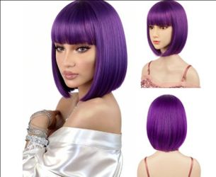 #11) Sarannala Dark Purple Bob Wigs with Flat Bangs Include Wig Cap 12 Inch Heat Resistant Synthetic Fiber Hair for All Women Adults Halloween Costume