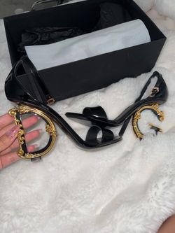 Dolce & Gabbana DG Logo Heel Sandals Black Patent Size 39 - Like New