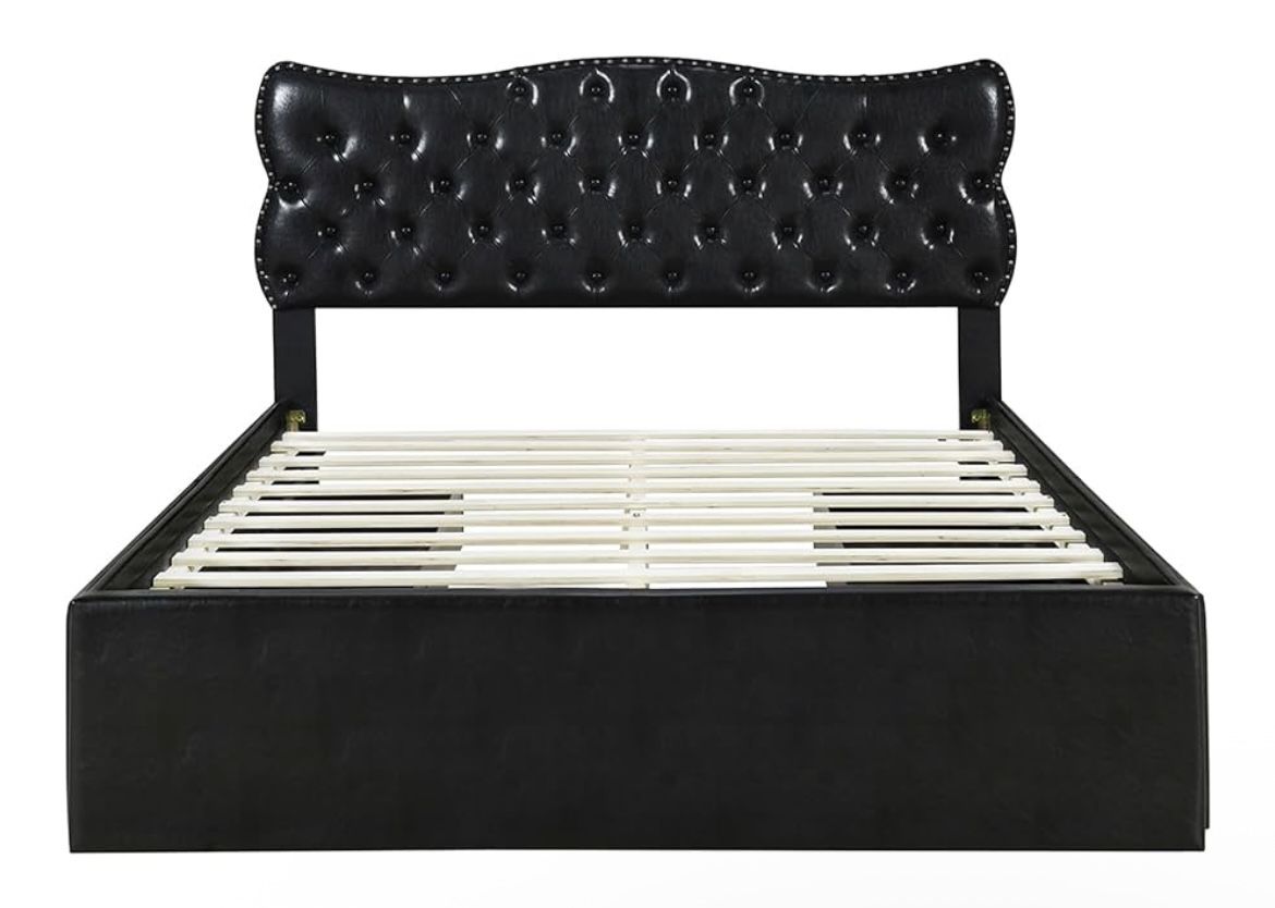 Full Size Storage Bed - Faux Leather, Tufted Headboard, 4 Drawers 