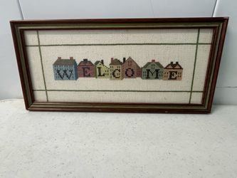 Welcome Sign Vintage Framed Matted Cross Stitch Decorated With A Row Of Small Houses