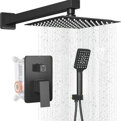 Shower Faucet Set Complete Matte Black Shower System with 10 inch Square Rainfall Shower Head 3-Function Handheld Shower Waterfall Bathtub Spout Rain 