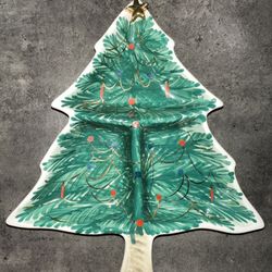  VTG Hand painted Italian Christmas Tree Shaped Divided Dish 9.75" x 8.5"