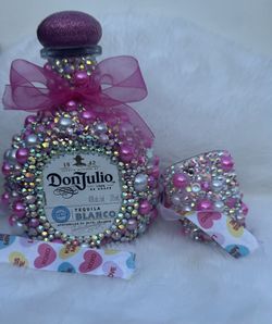 Bedazzled Bottle, Bottle, Matching set, Bar set, Shot glass, Glass, Glassware, Rhinestone Glass, Rhinestone, Bling, Pink, Pink bottle, Birthday Gift