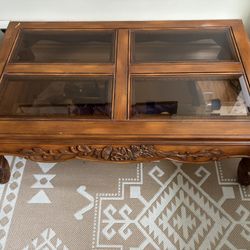 Antique Carved Glass & Wood Coffee Table