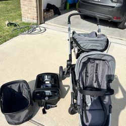 Evenflo Pivot Double Stroller With Shopping Basket And Car Seat Base 