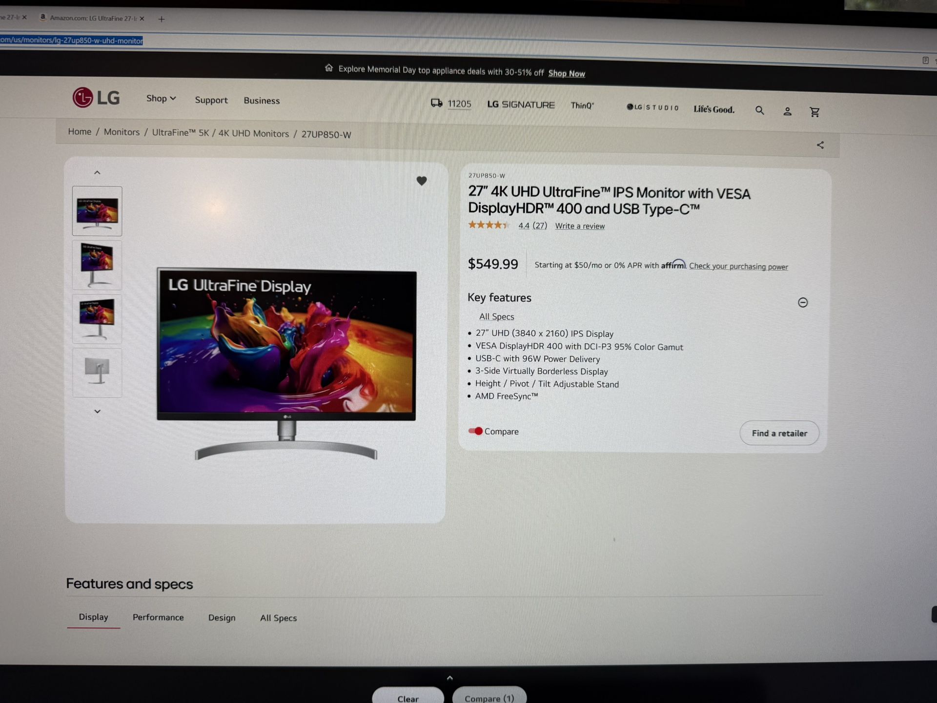 LG 27” 4K IPS USB-C Monitor, 27UP850-W