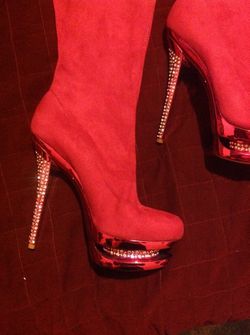 Fyre Pink/fuschia thigh high boots with rhinestone heels