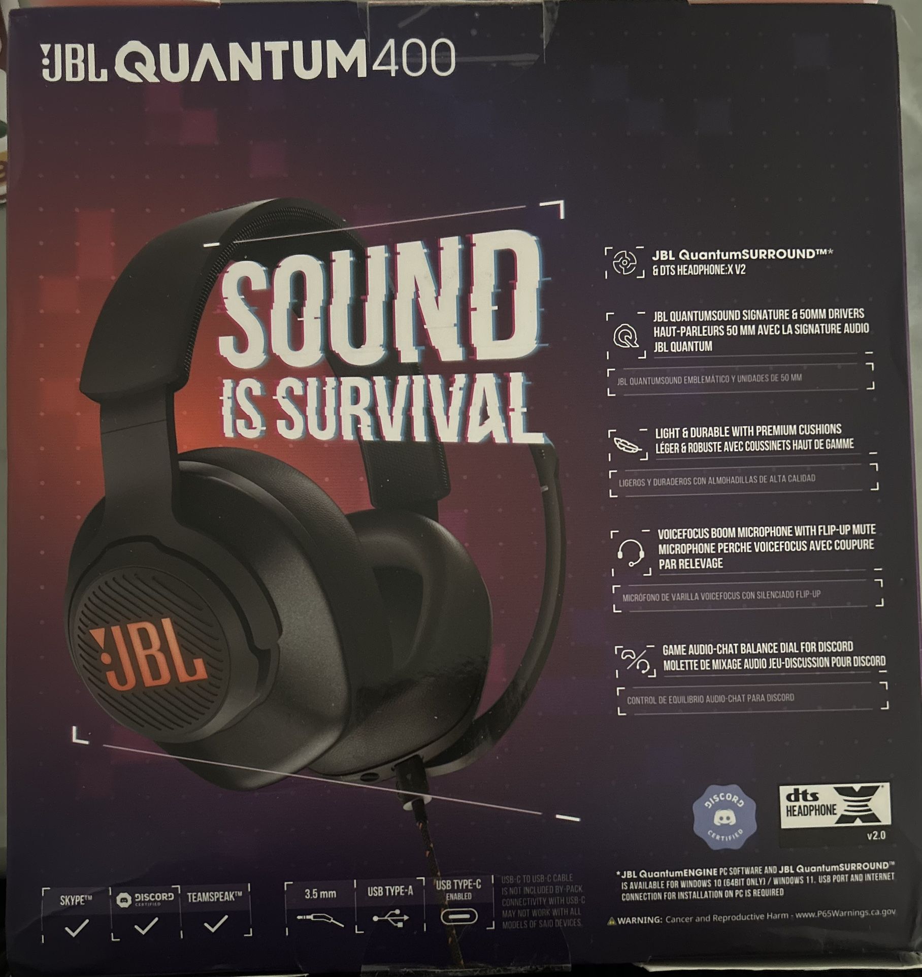 JBL Quantum 400 USB Over Ear Gaming Headset with Game Chat Balance Dial