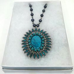 Beautiful Turquoise Beaded Necklace With Large Center Stone with Storage Pouch NEW 