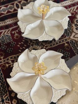 White Ceramic Flower Snack Tray Set of 2 -5 Section Divided Serving Dish Used