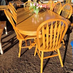 Oak Dining Table And 8 Chairs/8 Foot/Double Leaf/Extension/Farmhouse/Rustic/Shabby/Distressed/Rare/Super Long/Country/Solid Wood/Pedestal/Set/Windsor