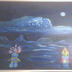 Kachina Spirit Dancers acrylic on canvas panel in Blue painting 14x18",Signed