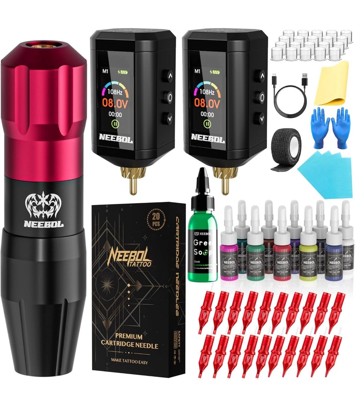 Wireless Tattoo Kit - Complete Set with 2 Color-Display Power Supplies, 20 Needles, 10 Inks