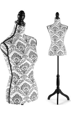 Female Mannequin Torso, Height Adjustable from 52'' to 67'' Dress Form for Sewing, Display, with Black and white Flower design