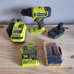 Ryobi 18V ONE+ Cordless Drill/Driver w/ 1.5 Ah Battery, 18V Charger, & 2 Drill Bit Sets
