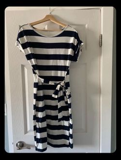 Navy white striped dress - tie waist. Small
