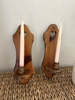 Vintage Pair 2 Wooden Wall Art Heart Plaques Candle Holders Collectible Granny Core
