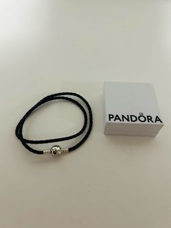Pandora Black Leather Double Wrap Charm Bracelet chain sterling silver 925 clasp