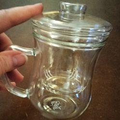 Clear Glass Teapot / Tea cup with inner cup with slits, Lid & Handle for Brewing.