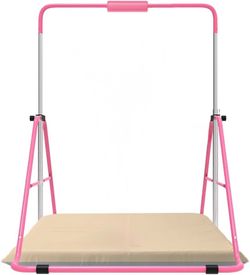 New Kids Gymnastics Bar with Mat - Adjustable Height, Folding Training Bar