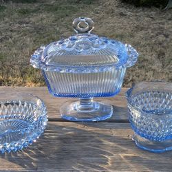 Set of 3 Vintage Blue Pressed Glass Pieces – Lidded Compote, Bowl, & Candy Dish


