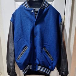LEADER VARSITY JACKET BLUE WITH BLACK LEATHER SLEEVES 