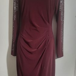 Cache Burgandy Cocktail Dress With Silver Metallic