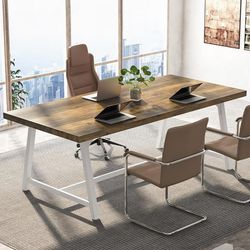 Tribesigns 6-Seater Conference Table, 70.87"L Vintage Wood Executive Desk with Strong Metal Frame for Meeting Room, Oak