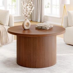 31.5" Round Coffee Table, Tambour Design Coffee Tables for Living Room, Mid Century Modern Wood Coffee Table, Drum Accent Small Center Table, Walnut