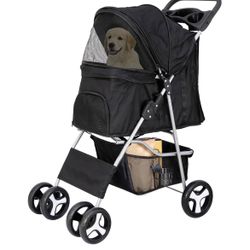 4 Wheels Pet Stroller Dog Cat Stroller for Small Medium Dog Cats Foldable Carrier Jogger Travel Puppy Stroller with Storage Basket and Cup Holder (Bla