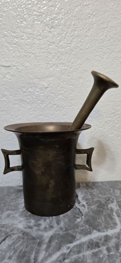 Antique Heavy Brass Mortar and Pestle Set Apothecary Pharmacy Square Handles