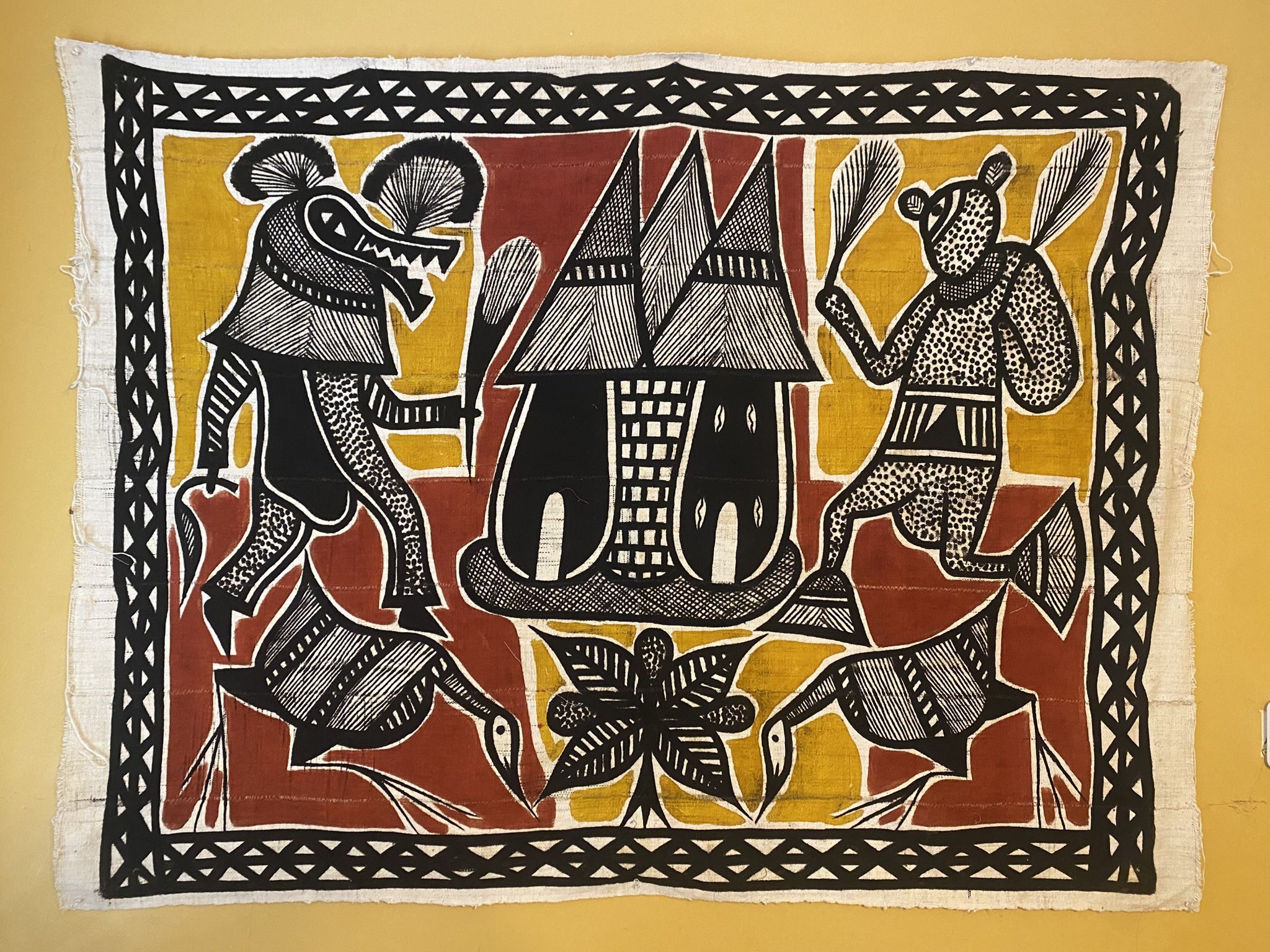 Vintage African Korhogo Wall Hanging – Tribal Masked Dancers