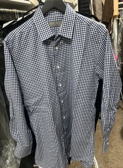 Canali Men's Blue White Gingham Cotton Dress Shirt 43 17 Long Sleeve Collared