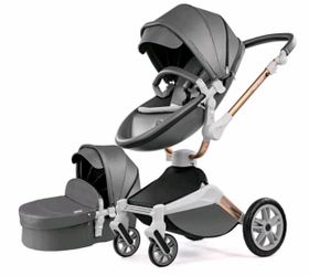 Hot Mom 360° Rotating Stroller & Bassinet Combo – Grey PU Leather / Rose Gold