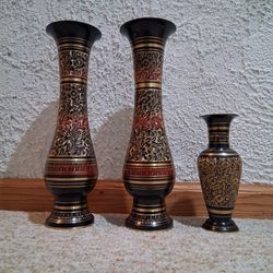 Vintage Hand-Engraved Brass Vase Trio - Black & Gold Floral Set